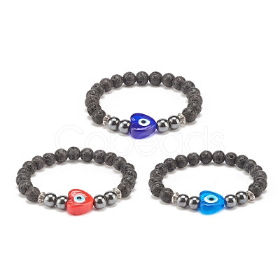 3Pcs 3 Color Natural Lava Rock & Synthetic Hematite Stretch Bracelets Set BJEW-JB08323-1