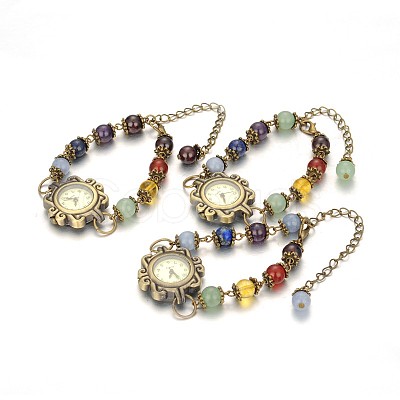 Tibetan Style Alloy Mixed Stone Watch Bracelets BJEW-JB01754-1