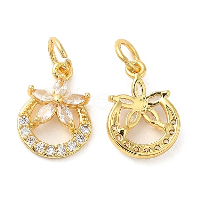 Rack Plating Brass Pave Clear Cubic Zirconia Ring Charms with Flower KK-Z026-09G-1