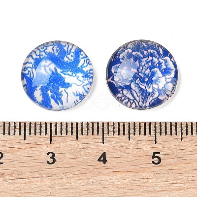 Blue and White Floral Printed Glass Cabochons X-GGLA-A002-14mm-XX-1