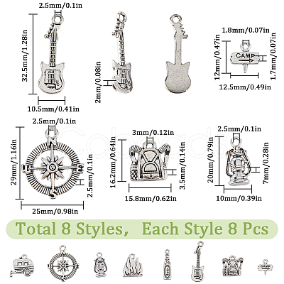 SUNNYCLUE 64Pcs 8 Style Camping Theme Tibetan Style Alloy Pendants FIND-SC0008-57-1