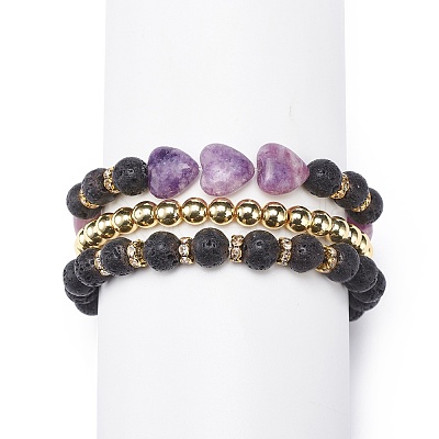 3Pcs 3 Style Heart Natural Purple Mica Stone & Lava Rock & Synthetic Hematite Beaded Stretch Bracelets Set BJEW-JB08736-1