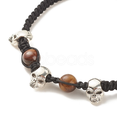 3Pcs Natural Tiger Eye & Lava Rock & Synthetic Turquoise Braided Bead Bracelets Set with Alloy Skull BJEW-JB08114-01-1