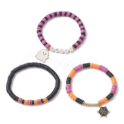 3Pcs Halloween Theme Handmade Polymer Clay Beaded Stretch Bracelets BJEW-TA00466-1