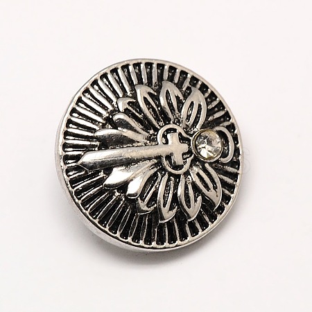 Vintage Flat Round Carved Flower Antique Silver Zinc Alloy Grade A Rhinestone Jewelry Snap Buttons SNAP-O019-13-NR-1