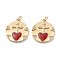 Brass Micro Pave Clear Cubic Zirconia Pendants, with Enamel, Long-Lasting Plated, With Jump Rings, Flat Round with Cross & Red Heart, Real 18K Gold Plated, 22x19.5x2mm, Hole: 3mm, Jump Ring: 5x1mm