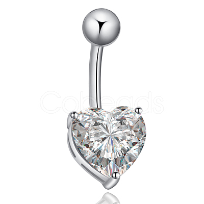 Platinum Plated Body Jewelry Heart Cubic Zirconia Brass Navel Ring Navel Ring Belly Rings AJEW-EE0001-01B-1