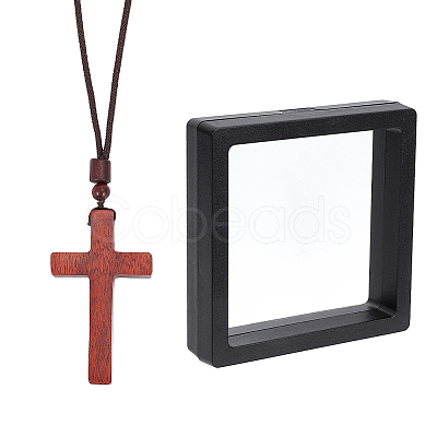 Nbeads Wooden Cross Pendant Necklace with Polyester Cords NJEW-NB0001-17-1