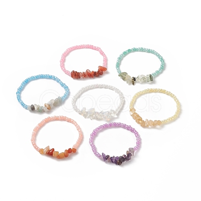 7Pcs 7 Style Natural & Synthetic Mixed Gemstone Chips & Glass Seed Beaded Stretch Bracelets Set for Women BJEW-JB09207-1