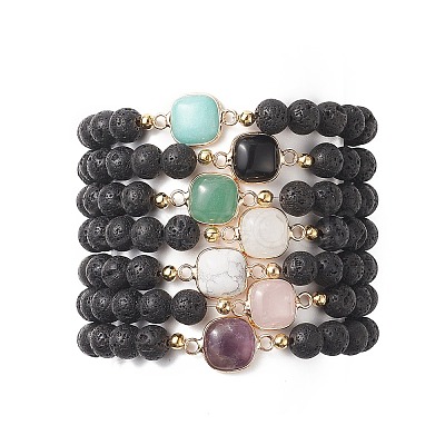 7Pcs 7 Sytle Natural Mixed Gemstone Square & Round Beaded Stretch Bracelets Set for Women BJEW-JB09939-1