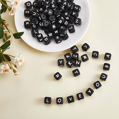 20Pcs Black Cube Letter Silicone Beads 12x12x12mm Square Dice Alphabet Beads with 2mm Hole Spacer Loose Letter Beads for Bracelet Necklace Jewelry Making JX433R-1