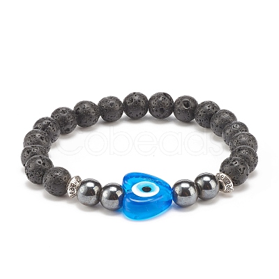 Natural Lava Rock & Synthetic Hematite Stretch Bracelet BJEW-JB08323-01-1