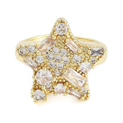 Rack Plating Brass Micro Pave Cubic Zirconia Star Open Cuff Rings for Women RJEW-C080-08G-1