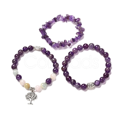 Natural Amethyst & Morganite Stretch Bracelets Set for Men Women BJEW-JB06693-1