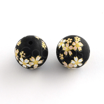 Flower Picture Frosted Glass Round Beads GFB-R004-14mm-V12-1