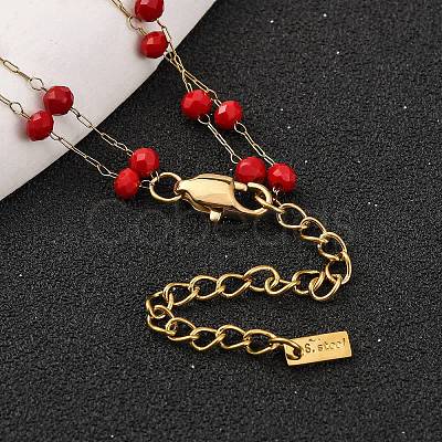 Ion Plating(IP) 304 Stainless Steel & Faceted Red Galss Link Chain Double Layer Necklaces for Women NJEW-K255-32G-1