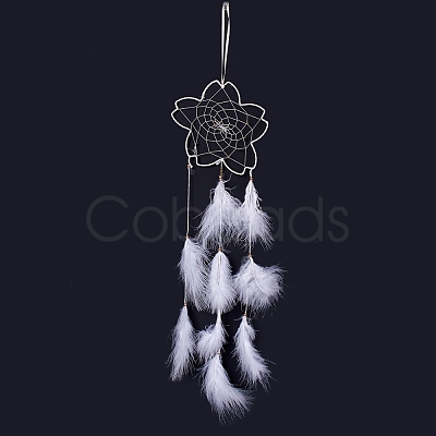 Handmade Flower Woven Net/Web with Feather Wall Hanging Decoration HJEW-A001-03B-1