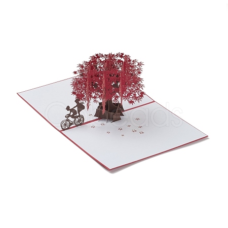 Rectangle 3D Red Maple Tree Pop Up Paper Greeting Card AJEW-A008-05-1