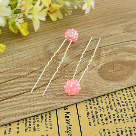 Lady's Hair Accessories Silver Color Iron Polymer Clay Rhinestone Ball Hair Forks PHAR-S200-09-1