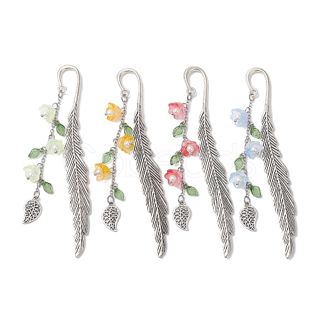 4Pcs 4 Colors Alloy Feather Bookmarks AJEW-TA00024-1