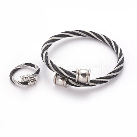 304 Stainless Steel Torque Bangles and Finger Ring Jewelry Sets SJEW-L137-03BP-1