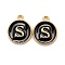 Golden Plated Alloy Charms, Cadmium Free & Lead Free, with Enamel, Enamelled Sequins, Flat Round with Letter, Black, Letter.S, 14x12x2mm, Hole: 1.5mm