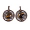 Natural Tiger Eye Pendants, Rack Plating Brass Hollow Flat Round Charms, Cadmium Free & Lead Free, Red Copper, 36.5x33x9.5mm, Hole: 7.5x5mm