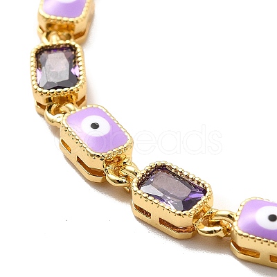 Enamel Evil Eye & Cubic Zirconia Rectangle Link Chain Bracelet BJEW-C029-02G-1