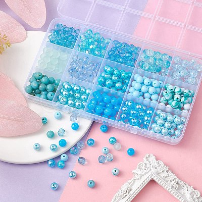 375Pcs 15 Style Blue Theme Transparent Crackle & Opaque Acrylic Beads OACR-YW0001-66-1