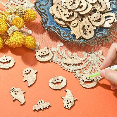 25Pcs Halloween Theme Wood Cabochons WOOD-CJC0005-56-1