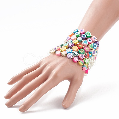 7Pcs 7 Style Star & Smiling Face & Flower Polymer Clay Stretch Bracelets Set with Glass Pearl Beaded BJEW-JB08786-1