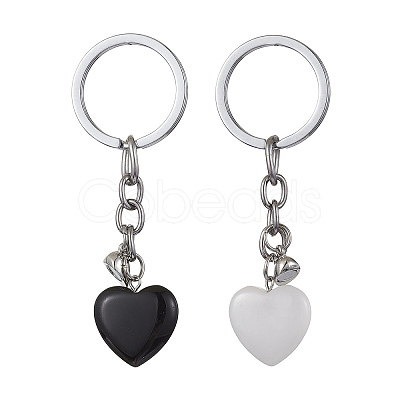 Natural Black Stone & Natural White Jade Heart Keychains KEYC-JKC00548-1