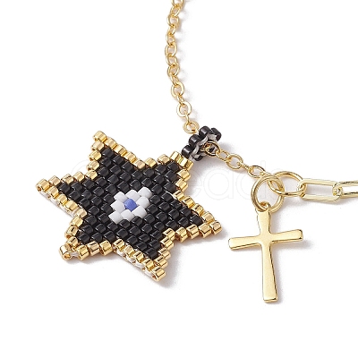 Glass Seed Star & Brass Cross Charm Bracelets BJEW-MZ00044-1