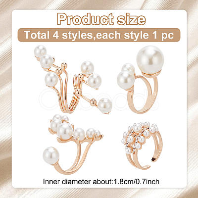 ANATTASOUL 4Pcs 4 Styles Plastic Imitation Pearl Beaded Open Cuff Ring RJEW-AN0001-18-1