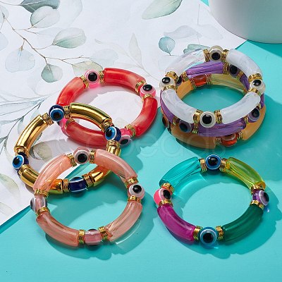 7Pcs 7 Color Acrylic Curved Tube & Plastic Evil Eye Beaded Stretch Bracelets Set BJEW-JB08962-1