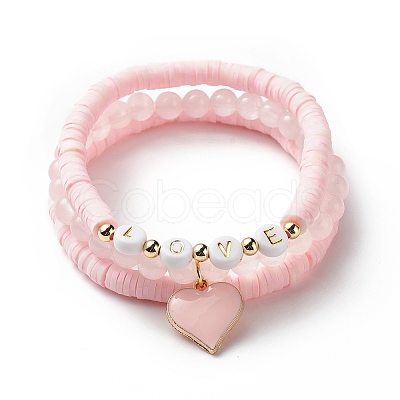 3Pcs 3 Style Natural Rose Quartz & Acrylic Word Love Beaded Stretch Bracelets Set with Alloy Enamel Heart Charms BJEW-JB08924-02-1