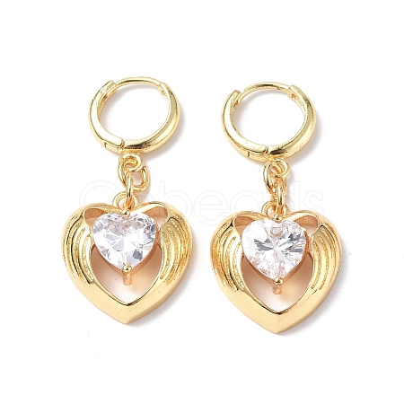 Clear Cubic Zirconia Heart Wing Dangle Hoop Earrings EJEW-B017-11G-1