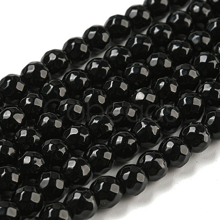 Faceted Round Natural Black Onyx Beads Strands G-S132-01-1