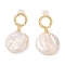 Flat Round Natural Pearl Dangle Earrings, Brass Stud Earrings for Women, Real 14K Gold Plated, 32.5~33x16.5mm