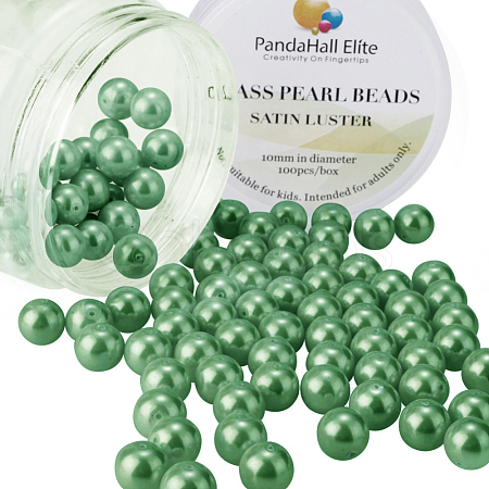 10mm About 100Pcs Glass Pearl Beads Green Tiny Satin Luster Loose Round Beads in One Box for Jewelry Making HY-PH0001-10mm-074-1