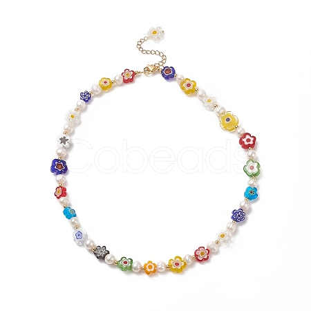 Natural Pearl & Millefiori & Brass Beaded Necklace for Women NJEW-JN04177-01-1
