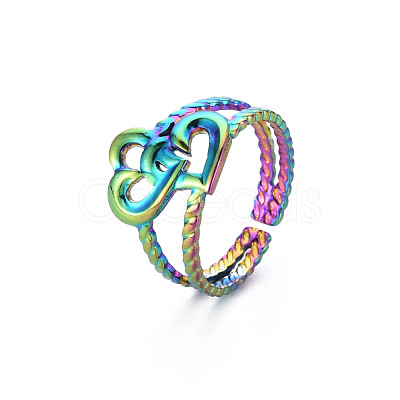 Rainbow Color 304 Stainless Steel Interlocking Heart Cuff Ring RJEW-N038-043M-1