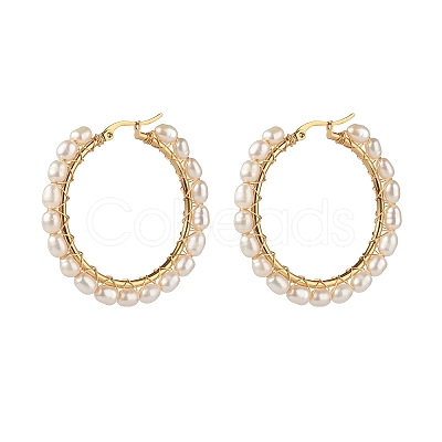 Natural Pearl Beads Brass Hoop Earrings EJEW-JE04565-1