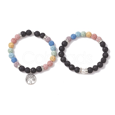 2pcs 2 Styles 8mm Round Dyed Natural Lava Rock & Shell Pearl Beaded Stretch Bracelet Sets BJEW-JB10318-1