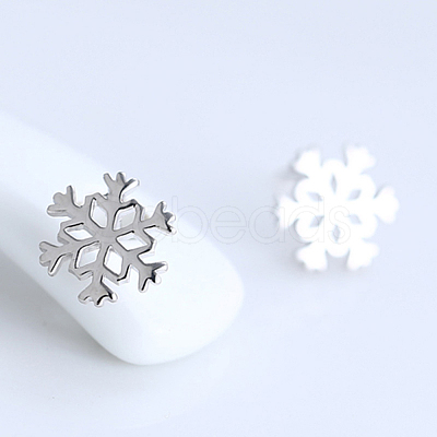 Real Platinum Plated Brass Snowflake Stud Earrings EJEW-EE0002-001-1