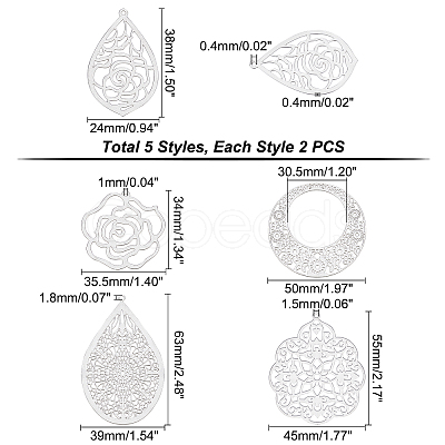 DICOSMETIC 10Pcs 5 Style 304 Stainless Steel Big Filigree Pendants STAS-DC0004-24-1