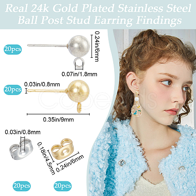 Beebeecraft 40Pcs 2 Styles 304 Stainless Steel Round Ball Post Stud Earring Findings STAS-BBC0004-79-1