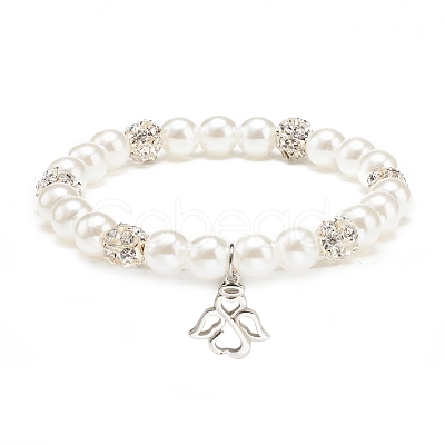 ABS Plastic Imitation Pearl  & Rhinestone Beaded Stretch Bracelet with Alloy Charm for Women BJEW-JB08526-03-1