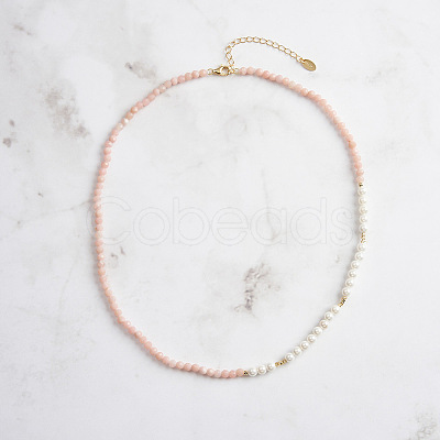 Faceted Round Natural Pink Opal & Shell Pearl Beaded Necklaces NJEW-L125-005G-02-1