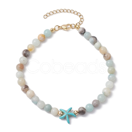 Natural Flower Amazonite &  Synthetic Turquoise Charm Anklets for Women AJEW-AN00616-03-1